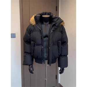 现货三防重磅硬挺boxy短款羽绒棉衣座山雕大毛毛领PU皮棉服外套冬图片