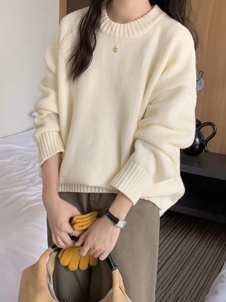 重磅加厚羊毛针织衫女圆领打底套头上衣纯色宽松慵懒风秋冬,女装羊毛衫,梵泰羊绒