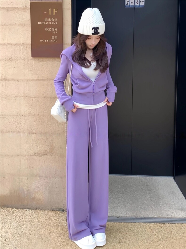 休闲时尚减龄套装女春季新款宽松显瘦纯色连帽卫衣阔腿长裤两件套,女装套装/套裙,江南