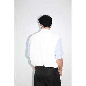 明星私服假两件宽松拼接飞肩设计感假两件条纹短袖衬衫卫衣特P39图片