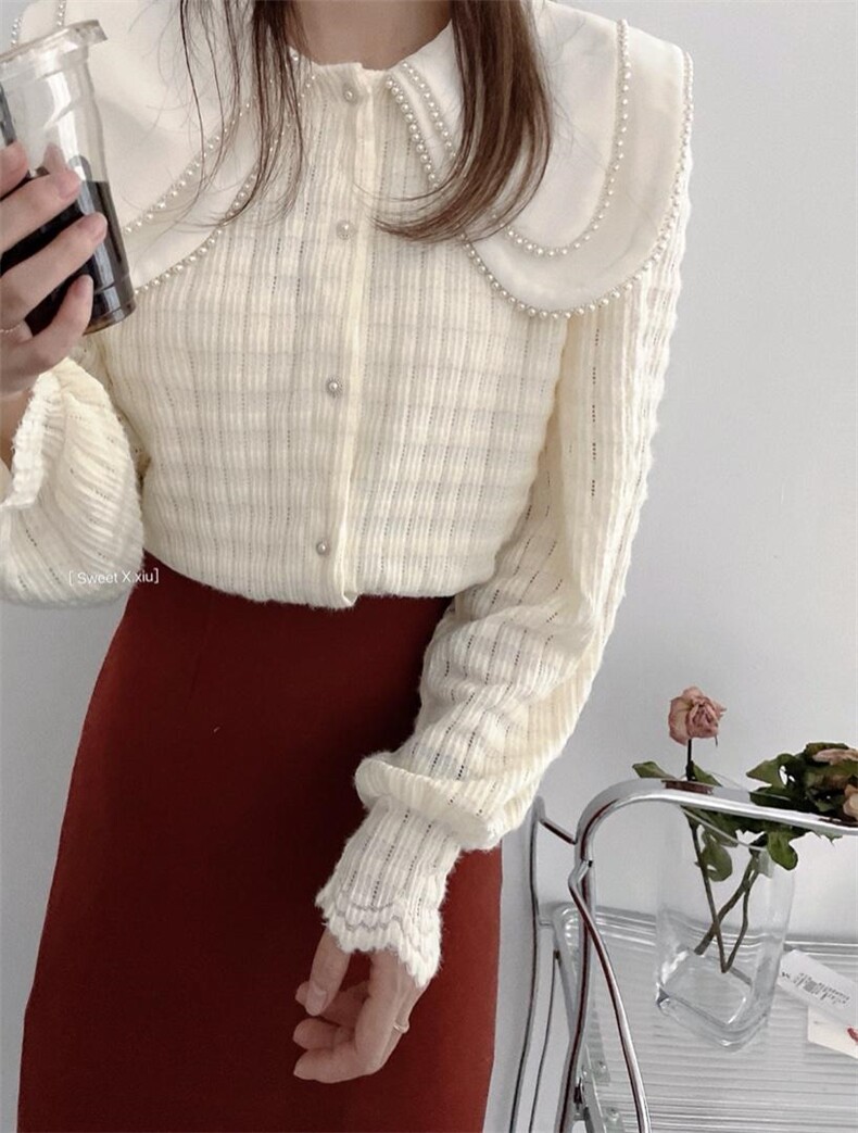 双珍珠领蕾丝磨毛上衣，其它，新袖