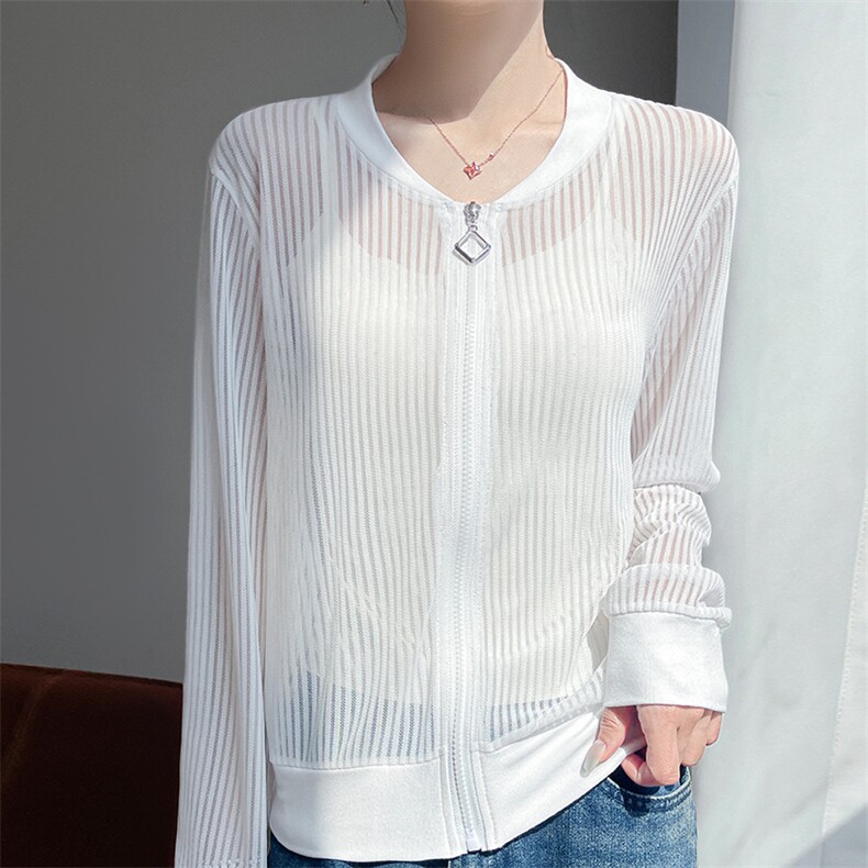 休闲轻薄网纱棒球服防晒衣女开衫镂空薄款透气长袖洋气防晒服外套，女装防晒衣，圣丽羊绒