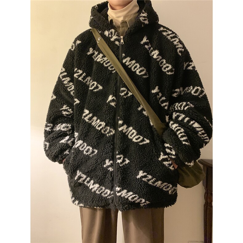 1港风定制LOGO羊羔毛棉衣大码M-5XL连帽棉衣外套男78710P105控148图片