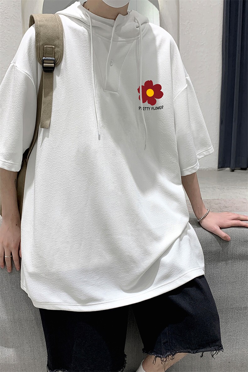 LD54257-P45连帽短袖t恤男大码胖子带帽五分袖中袖大皂风，男装T恤，电商A040