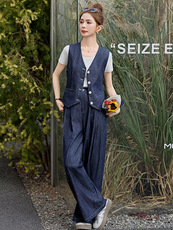 欧货时尚牛仔套装女高级感2025春夏新款气质显瘦马甲阔腿长两件套，女装套装/套裙，衣之秀