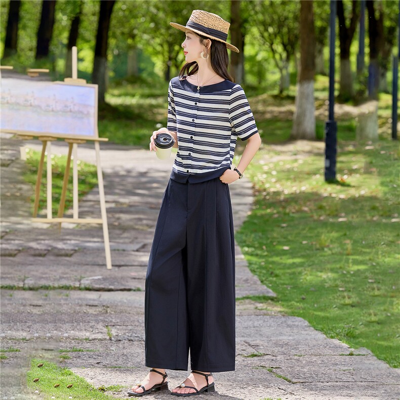 2026年夏季圆领亚麻棉条纹短袖衫上衣阔腿裤两件套装,女装套装/套裙,简韵佳