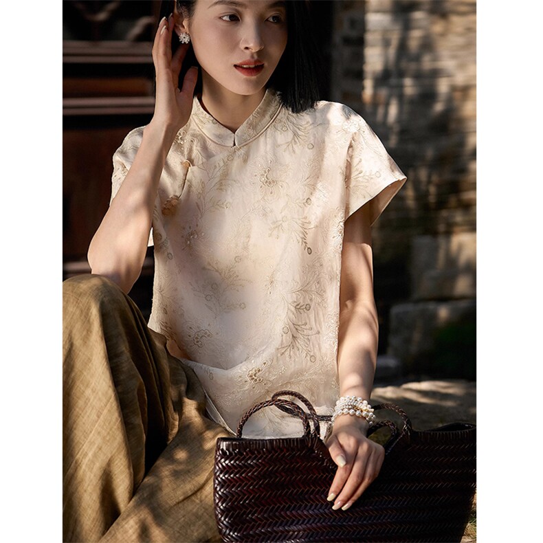 花上千枝·重工刺绣新中式立领真丝小上衣女新款,女装衬衫,梦白服饰厂