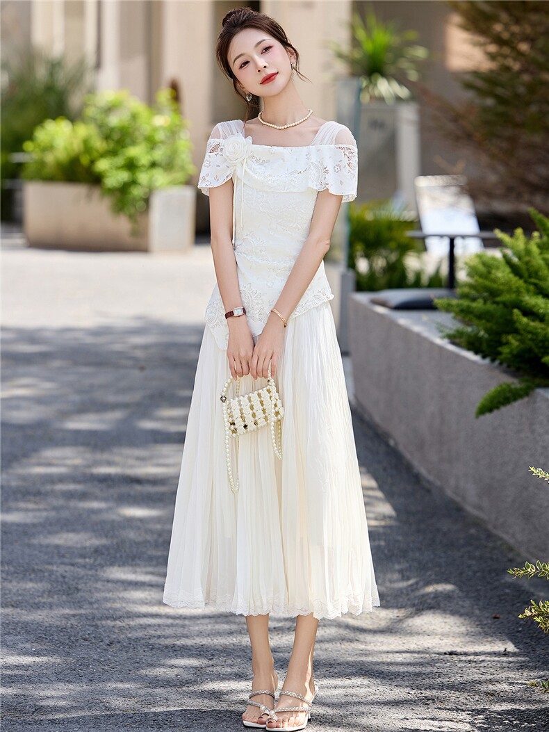 气质女神范套装女2026年夏季新款时尚镂空蕾丝上衣百褶半身裙,女装套装/套裙,拾衣