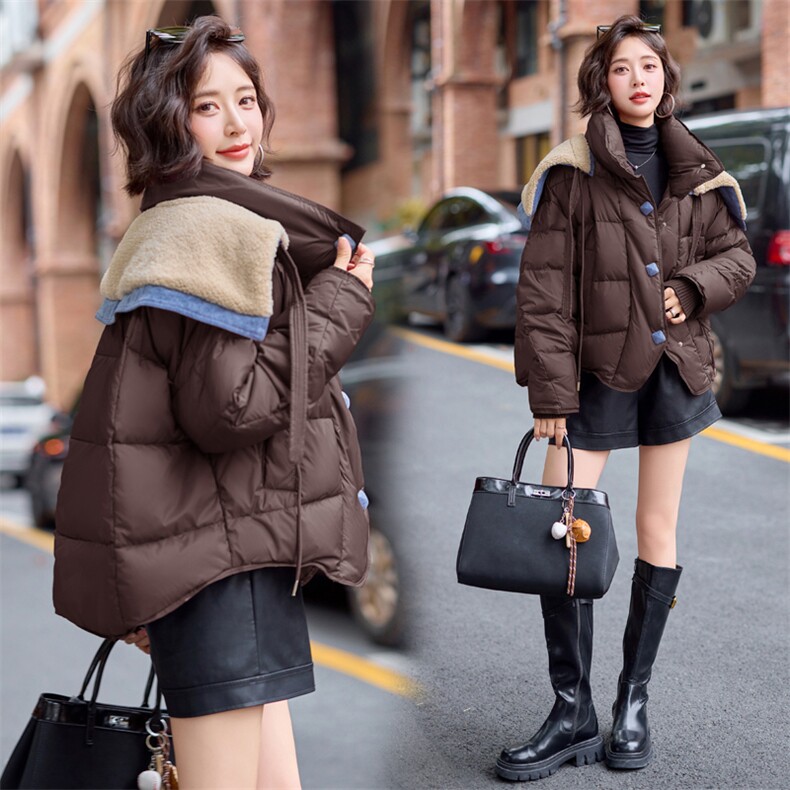 【bao款现货】2024新款冬装百搭重工拼接牛仔仿羊羔毛羽绒服70绒,女装羽绒服,雅静靓衣