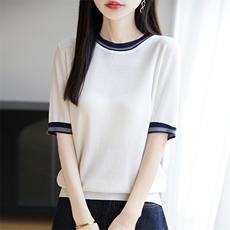 2025夏季天丝针织短袖女拼色圆领T恤上衣宽松提花半袖打底，女装T恤，暖烁羊绒