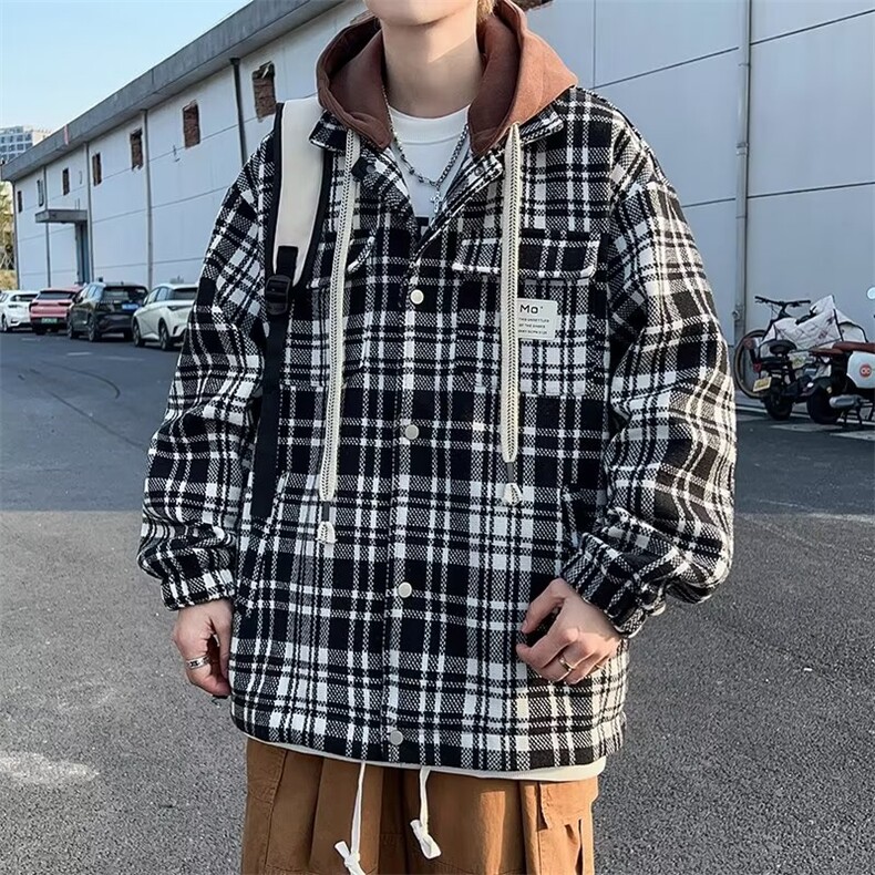 假两件外套男冬季加绒加厚格子夹克男连帽秋冬款上衣服毛呢W64,男装夹克,星座1116A-1（原606A）