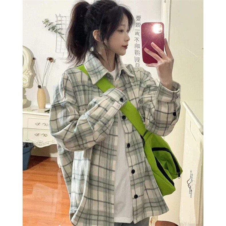 甜美风绿色格子春秋衬衫新款复古设计感百搭小众衬衣上衣潮CYC93,男装衬衫,星座1116A（原606A-3）
