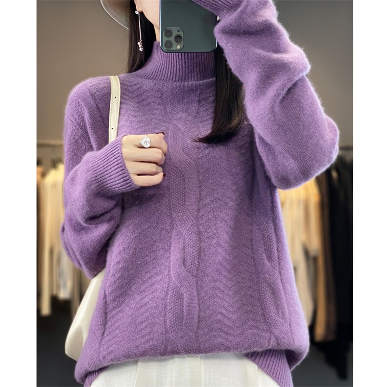 百搭紫色高领毛衣女秋冬新款宽松显瘦加厚保暖羊毛针织衫，女装羊毛衫，九嘉羊绒