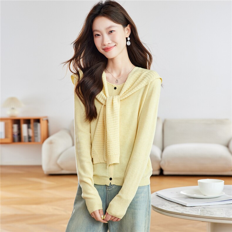 2025秋装新款气质含羊毛针织打底开衫送披肩两件套上衣女，女装针织衫/毛衣，时尚风爆