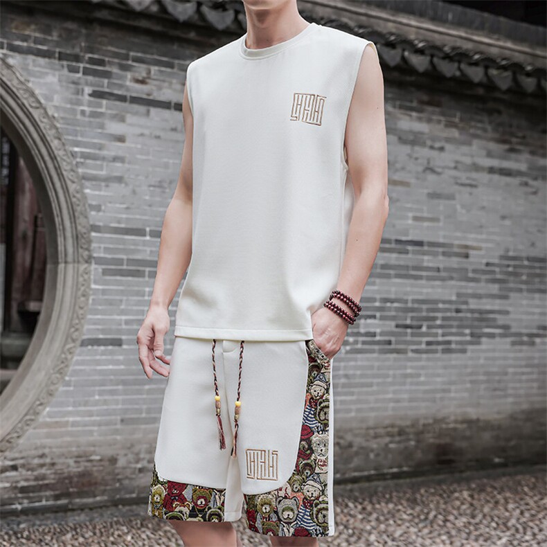 夏季小熊短裤休闲运动套装男刺绣背心两件套汗衫A266-TZ1108-P46,男装牛仔裤,电商A266