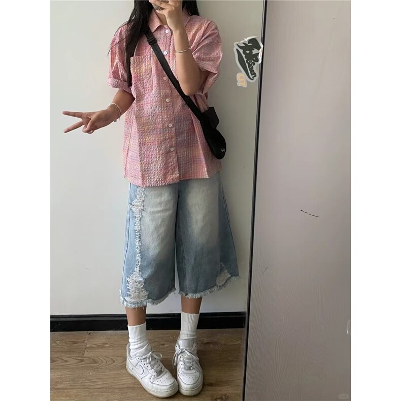 粉色格纹短袖衬衫女夏季设计感小众多巴胺泡泡纱半袖格子衬衣上衣,男装T恤,星座1210-1