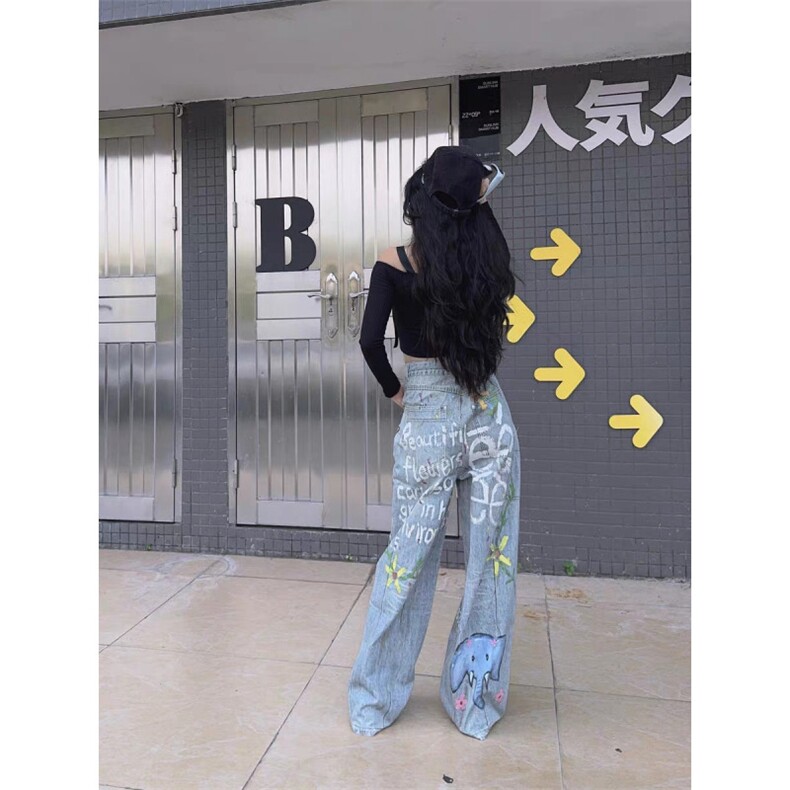 美式高街趣味猫狗涂鸦牛仔裤男女款弯刀裤P52Y3197,男装牛仔裤,星座1112-1