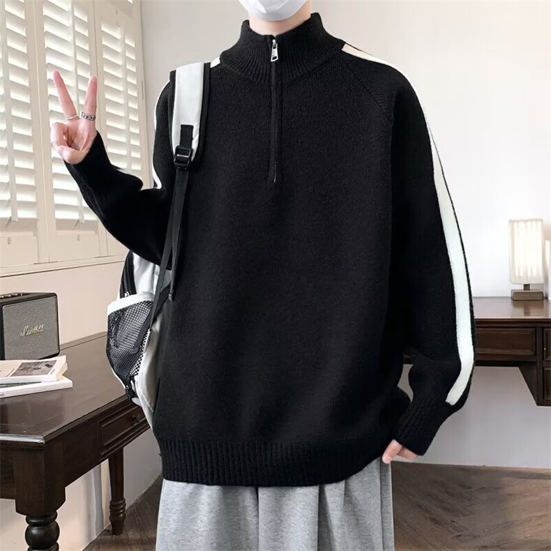 秋冬拉链立领侧条纹套头休闲毛衣外套-潮流-MC3005-网图,男装针织衫/毛衣,星座1002-2