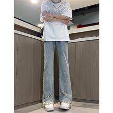 现货黄泥美式vibe裤高街黑色破洞微喇直筒毛边牛仔裤男K890-P55，男装牛仔裤，星座205