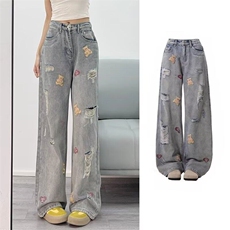 超火破洞牛仔裤女春秋水洗小熊刺绣设计感阔腿裤牛仔裤NZK38-p55，女装牛仔裤，星座302B-2