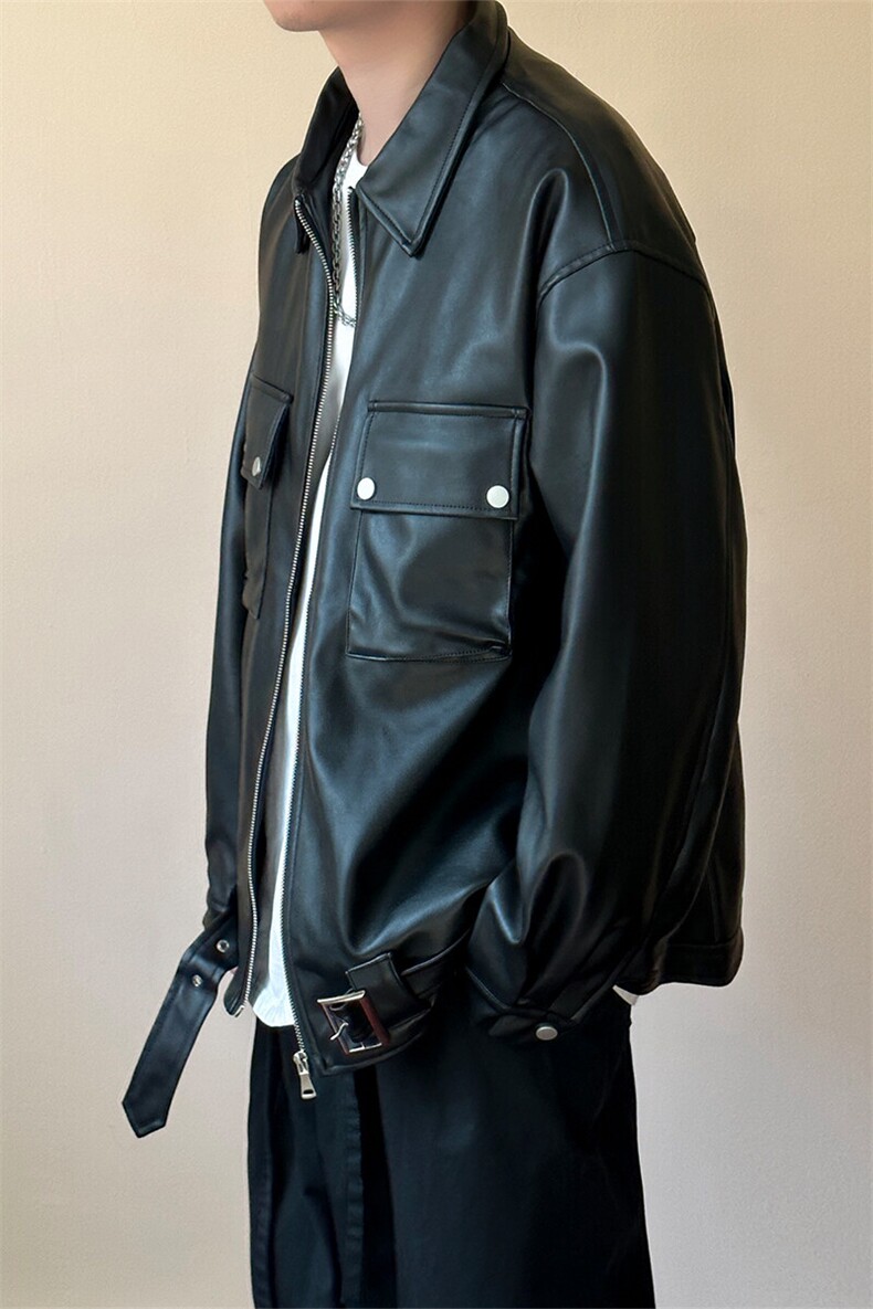 现货-潮牌工装皮夹克男时尚宽松皮衣帅气潮流机车服-AP23092-P110,男装夹克,电商A351