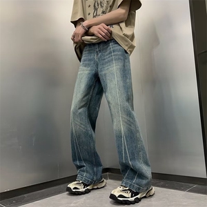 潮流复古水洗牛仔裤男女宽松直筒hiphop垂感设计长裤子N2216-P45图片
