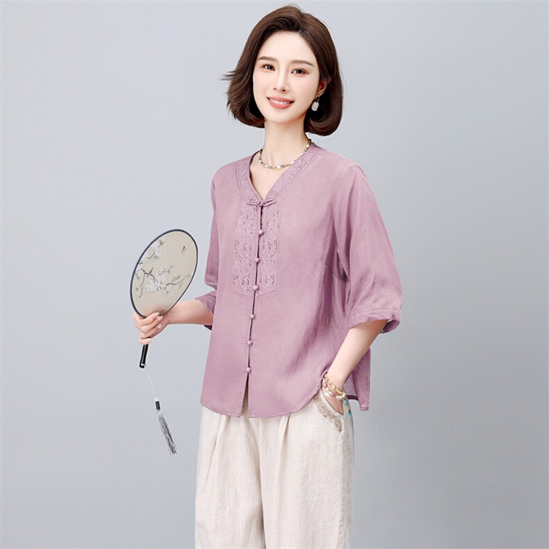 长期有货夏装新款苎麻中式莱赛尔天丝麻刺绣上衣衬衫女中短袖T恤,女装衬衫,璐依舞