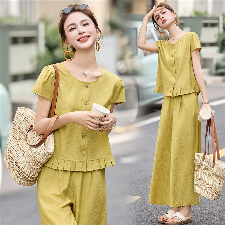 时尚休闲套装女2025夏季新款简约百搭显瘦荷叶边小衫阔腿裤两件套，女装套装/套裙，蓝诺裳