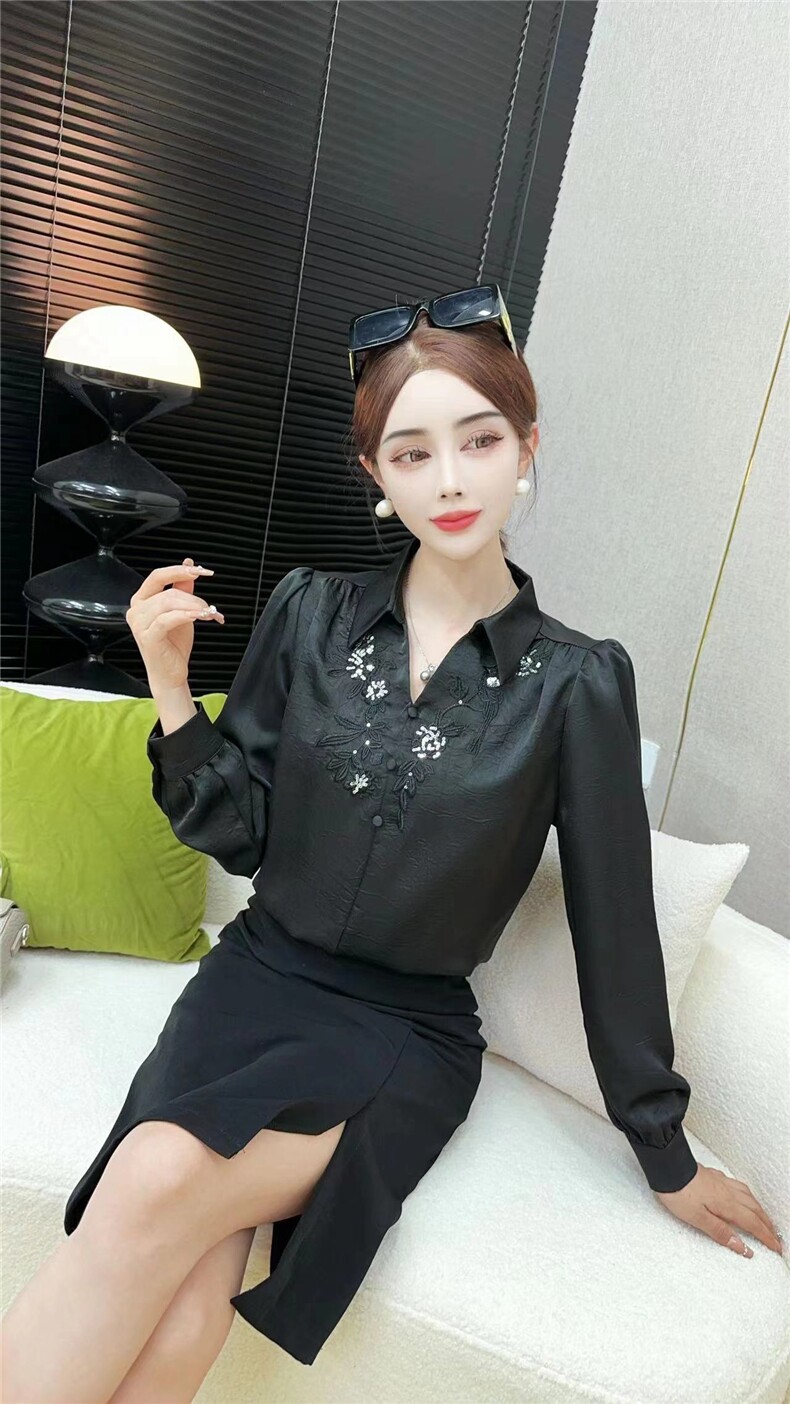 刺绣衬衣领手抓缎长袖衬衫女早秋高级感小众通勤职业气质上衣,女装衬衫,思沃羊绒