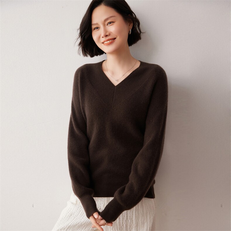 秋冬新款洋气时尚百搭显瘦女款V领35%山羊绒衫,女装羊绒衫,艾巧羊绒