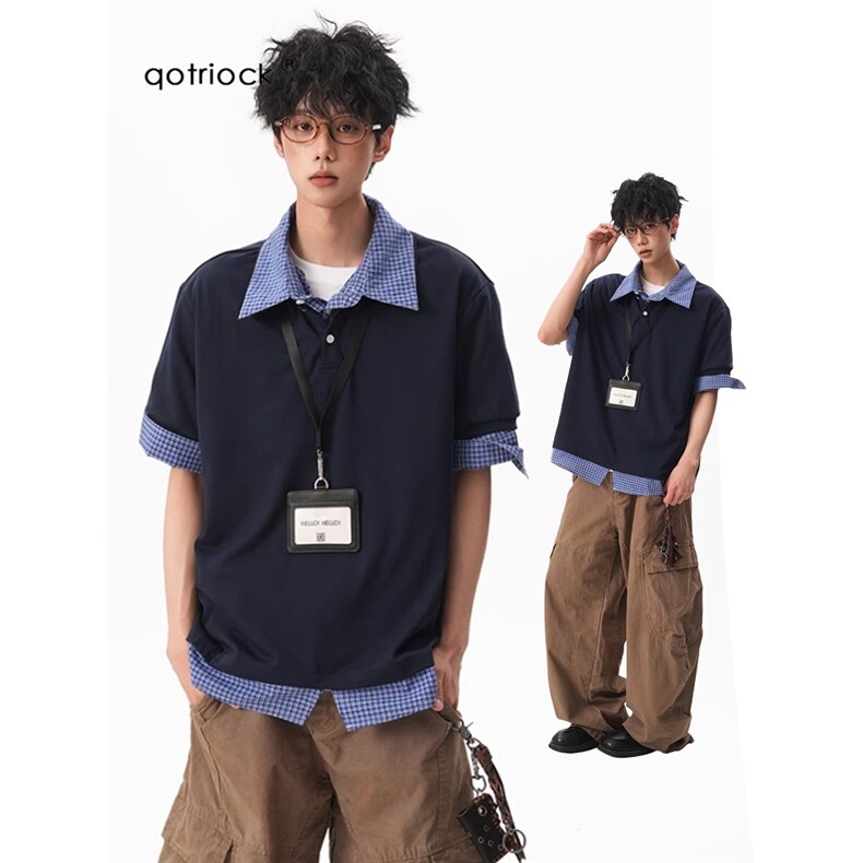 网络图现货美式条纹假两件Polo衫重磅情侣休闲半袖T恤JCD09-P38，男装T恤，星座715-7