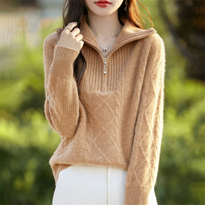 2025冬季半开拉链100%纯羊毛衫女高领绞花针织毛衣宽松慵懒羊绒衫，女装羊毛衫，暖烁羊绒