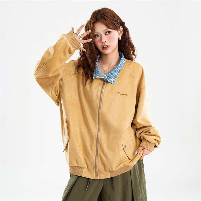 新款绒面麂皮外套格纹拼接工装秋季男女休闲宽松夹克JK6811-P70图片