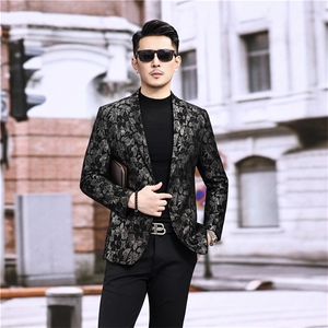 春秋款男士绵羊皮西服真皮休闲外套中年男装百搭通勤夹克银叶花图片