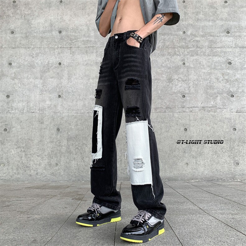 B221美式ins高街小众个性乞丐裤直筒破洞牛仔裤LK23099-P65控88,男装牛仔裤,电商B221