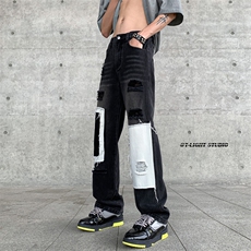 B221美式ins高街小众个性乞丐裤直筒破洞牛仔裤LK23099-P65控88，男装牛仔裤，电商B221