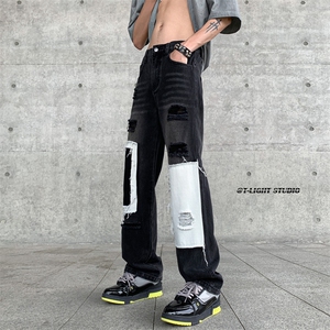 B221 美式ins高街小众个性乞丐裤直筒破洞牛仔裤 LK23099-P65控88图片