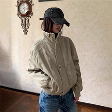 明线立领工装夹克秋冬加绒加厚廓形宽松棉服女B138-p110，男装夹克，星座910-1