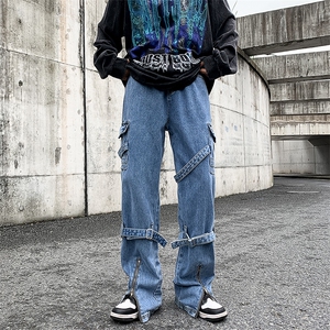 美式绑带牛仔裤男感欧美高街裤vibe裤子宽松直筒长裤N01122-P55图片