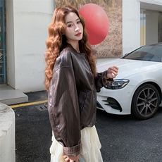 PU皮衣拼接格子秋季25新款皮衣外套女，女装短外套，纯色衣恋