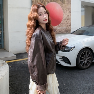 PU皮衣拼接格子秋季25新款皮衣外套女图片