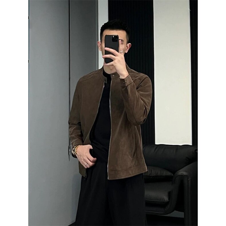 抖音网图现货秋季立领pu皮衣外套男复古修身皮夹克JK32P135,男装皮衣,电商B276A