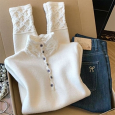 2026年秋季时尚百搭通勤简约休闲钩花纽扣开衫，女装针织衫/毛衣，萱芳婷羊绒