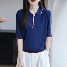 拼色POLO领休闲天丝针织短袖T恤女2025夏季时尚洋气小衫薄款上衣，女装针织衫/毛衣，唐诺