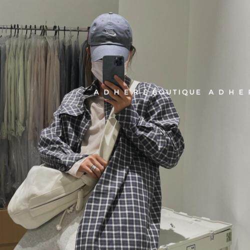 现货宽松格子衬衣精梳面料手感，女装，ADHERE