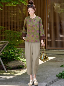 长期有货2026夏装新款复古提花天丝休闲两件套装女中式印花小脚裤图片