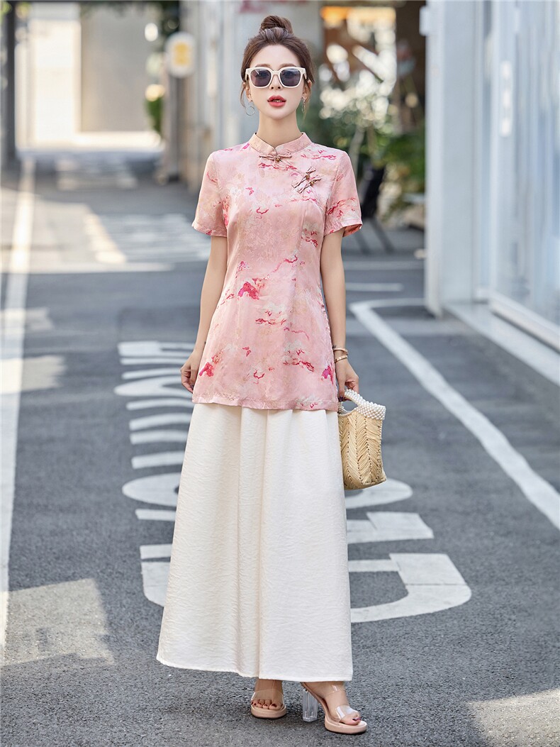 新中式盘扣旗袍印花上衣阔腿裤两件套女夏季新款时尚显瘦国风套装,女装套装/套裙,艾仟回(原伊仟回)