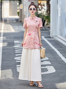 新中式盘扣旗袍印花上衣阔腿裤两件套女夏季新款时尚显瘦国风套装图片