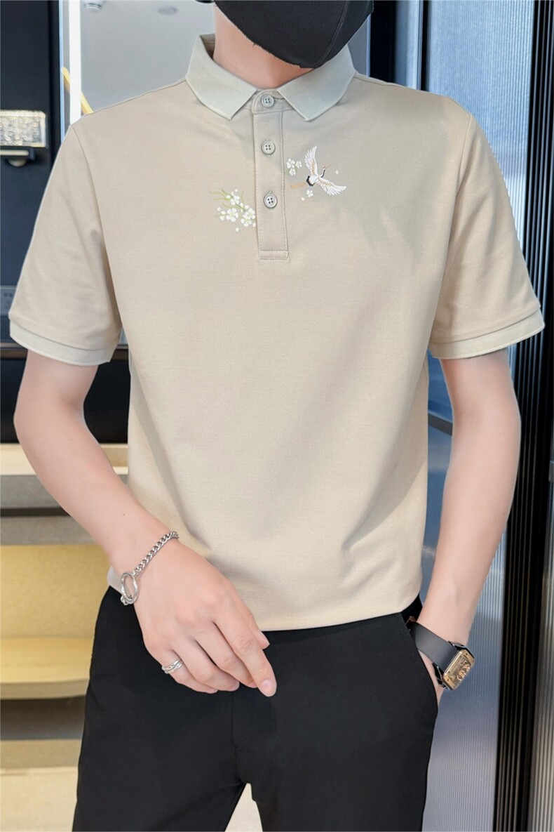 主推款2025夏季新款仙鹤印花风短袖T恤翻领Polo衫男T6077-P48,男装T恤,电商D342