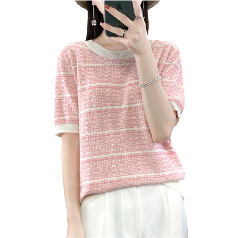 纯棉短袖女夏季新款条纹撞色圆领半袖宽松薄款针织上衣短袖,针织衫/毛衣,斯美雅电商供货